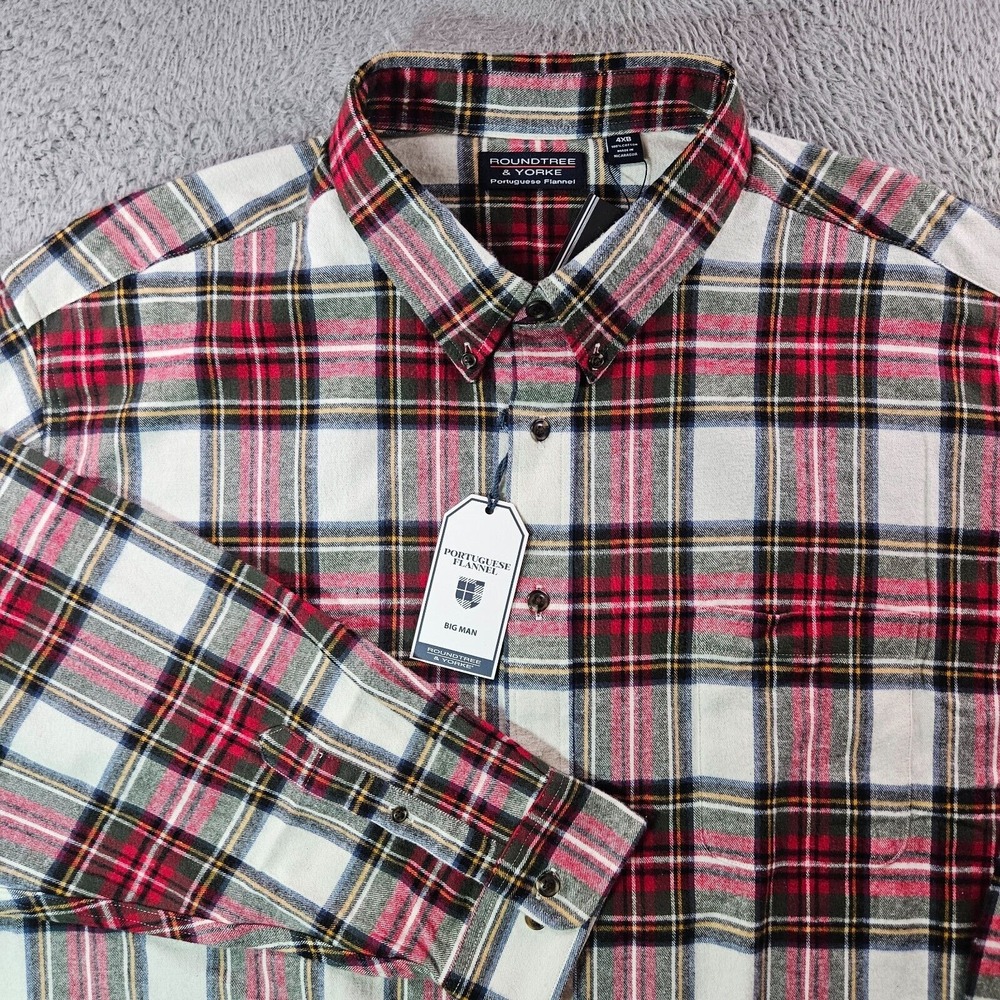 NWT Roundtree & Yorke Portuguese Flannel Shirt‎ Men 4XB White Red Green Plaid